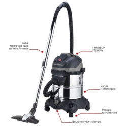 ASPIRATEUR 20L EAU & POUSSIERES 1200W CUVE METAL
